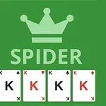 Cuatro cartas con la letra K en fila bajo una corona y la palabra SPIDER en un fondo verde