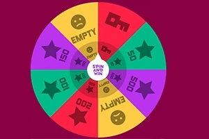 Rueda de colores con diferentes secciones que incluyen números, estrellas, emojis y la palabra EMPTY
