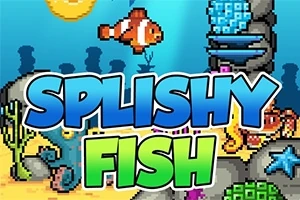 Pez payaso nadando en un mundo submarino pixelado con corales y estructuras coloridas, acompañado del texto Splishy Fish