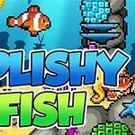 Pez payaso nadando en un mundo submarino pixelado con corales y estructuras coloridas, acompañado del texto Splishy Fish