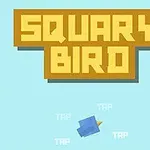 Título en letras amarillas grandes con un fondo azul claro y un pájaro pixelado azul en el centro