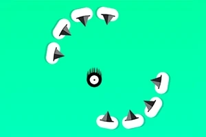 Ojo en el centro de un fondo verde rodeado por dientes cónicos en movimiento circular