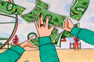 Manos alcanzando billetes verdes en un entorno al aire libre con figuras al fondo