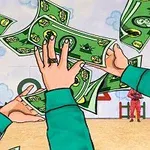 Manos alcanzando billetes verdes en un entorno al aire libre con figuras al fondo