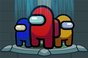 Tres personajes coloridos con cascos, uno rojo, uno azul y uno amarillo, parados juntos en una plataforma con luz azul descendiendo sobre ellos