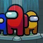 Tres personajes coloridos con cascos, uno rojo, uno azul y uno amarillo, parados juntos en una plataforma con luz azul descendiendo sobre ellos