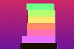 Bloques de colores brillantes apilados formando una torre sobre un fondo degradado de tonos rosas y morados