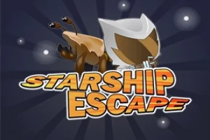 Un personaje con casco blanco y un animal cuadrúpedo encima de letras grandes que dicen “Starship Escape” sobre un fondo estrellado oscuro