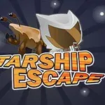 Un personaje con casco blanco y un animal cuadrúpedo encima de letras grandes que dicen “Starship Escape” sobre un fondo estrellado oscuro