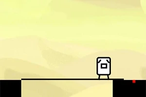 Un personaje cuadrado blanco con expresión facial está de pie sobre una plataforma oscura en un fondo de color amarillo claro