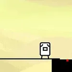 Un personaje cuadrado blanco con expresión facial está de pie sobre una plataforma oscura en un fondo de color amarillo claro