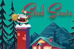 Santa Claus con un saco y un regalo parado sobre una chimenea, con un paisaje nevado de fondo y un texto decorativo
