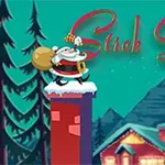 Santa Claus con un saco y un regalo parado sobre una chimenea, con un paisaje nevado de fondo y un texto decorativo