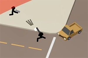 Dos figuras de palitos armadas con lanzacohetes interactúan en una intersección cercana a una camioneta amarilla
