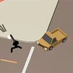 Dos figuras de palitos armadas con lanzacohetes interactúan en una intersección cercana a una camioneta amarilla