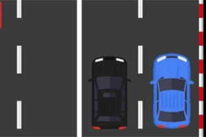 Dos autos, uno negro y otro azul, vistos desde arriba en una carretera de dos carriles