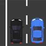 Dos autos, uno negro y otro azul, vistos desde arriba en una carretera de dos carriles