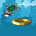 Personaje animado con casco y vestimenta verde saltando sobre anillos dorados en un entorno urbano con nubes