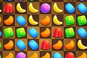 Mosaico de figuras de colores brillantes, como plátanos amarillos y gelatinas rojas, sobre un fondo marrón