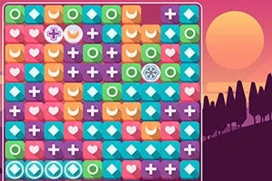 Tablero colorido con íconos de formas geométricas y símbolos, con un fondo de atardecer con siluetas de árboles
