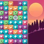 Tablero colorido con íconos de formas geométricas y símbolos, con un fondo de atardecer con siluetas de árboles