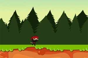 Un personaje ninja con banda roja corre sobre un suelo de tierra verde con un fondo de bosque de pinos
