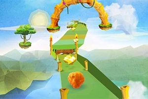 Camino de plataformas flotantes con un arco de piedra y un cielo azul de fondo en estilo de arte digital