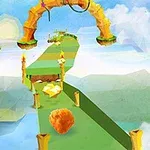 Camino de plataformas flotantes con un arco de piedra y un cielo azul de fondo en estilo de arte digital