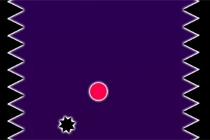 Fondo púrpura con bordes de picos negros y blancos, un círculo rosa en el centro y una pequeña estrella negra cerca del borde inferior izquierdo