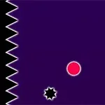 Fondo púrpura con bordes de picos negros y blancos, un círculo rosa en el centro y una pequeña estrella negra cerca del borde inferior izquierdo