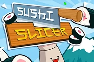 Cuchillo de cocina cortando sushi sonriente con un fondo de montaña