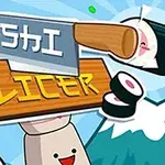 Cuchillo de cocina cortando sushi sonriente con un fondo de montaña