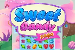 Interfaz de juego colorida con caramelos y el texto Sweet Candy Saga en colores brillantes sobre un fondo de paisaje dulce y fantasioso
