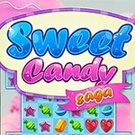Interfaz de juego colorida con caramelos y el texto Sweet Candy Saga en colores brillantes sobre un fondo de paisaje dulce y fantasioso