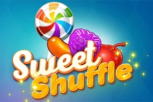 Caramelos y frutas coloridos con letras grandes y brillantes que dicen Sweet Shuffle sobre un fondo azul