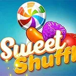 Caramelos y frutas coloridos con letras grandes y brillantes que dicen Sweet Shuffle sobre un fondo azul