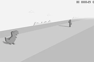 Dinosaurio pixelado corriendo en un paisaje desértico con cactus y nubes en el fondo