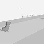 Dinosaurio pixelado corriendo en un paisaje desértico con cactus y nubes en el fondo