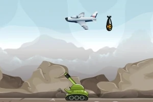 Avión volando sobre un tanque verde en un paisaje montañoso con una bomba cayendo