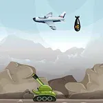 Avión volando sobre un tanque verde en un paisaje montañoso con una bomba cayendo