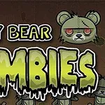 Texto en letras grandes que dice Teddy Bear Zombies con un fondo de osos de peluche zombies verdes