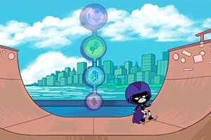 Personaje animado en patineta en una rampa con una ciudad y agua de fondo