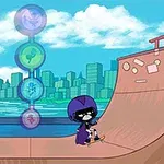 Personaje animado en patineta en una rampa con una ciudad y agua de fondo