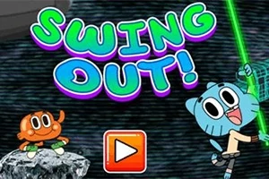 Dos personajes animados con expresiones felices, uno columpiándose con una cuerda verde brillante y el otro sentado, con el título Swing Out!