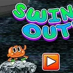 Dos personajes animados con expresiones felices, uno columpiándose con una cuerda verde brillante y el otro sentado, con el título Swing Out!