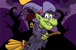 Una bruja verde volando en una escoba con un sombrero puntiagudo en un paisaje nocturno con árboles oscuros y una casa al fondo