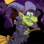 Una bruja verde volando en una escoba con un sombrero puntiagudo en un paisaje nocturno con árboles oscuros y una casa al fondo