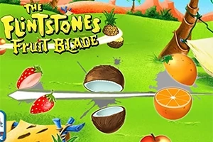 Frutas cortadas por un cuchillo en un entorno verde y colorido