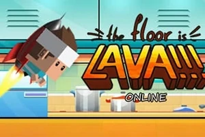 Personaje con banda en la cabeza utilizando un jetpack sobre estufas en una cocina con texto grande que dice The floor is lava!