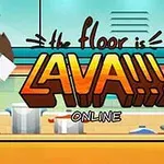 Personaje con banda en la cabeza utilizando un jetpack sobre estufas en una cocina con texto grande que dice The floor is lava!